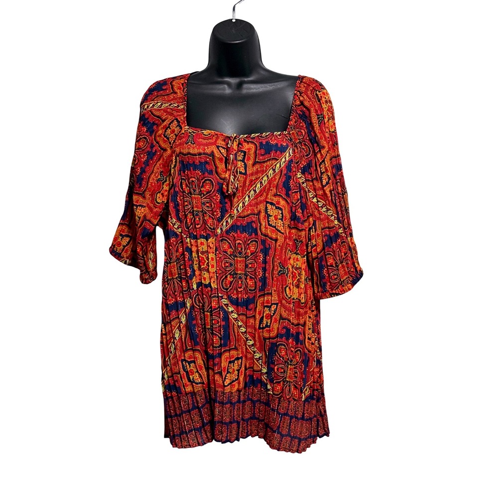 Lane Bryant Red Paisley Metallic Pleated Blouse Square Neck Plus Size 22/24